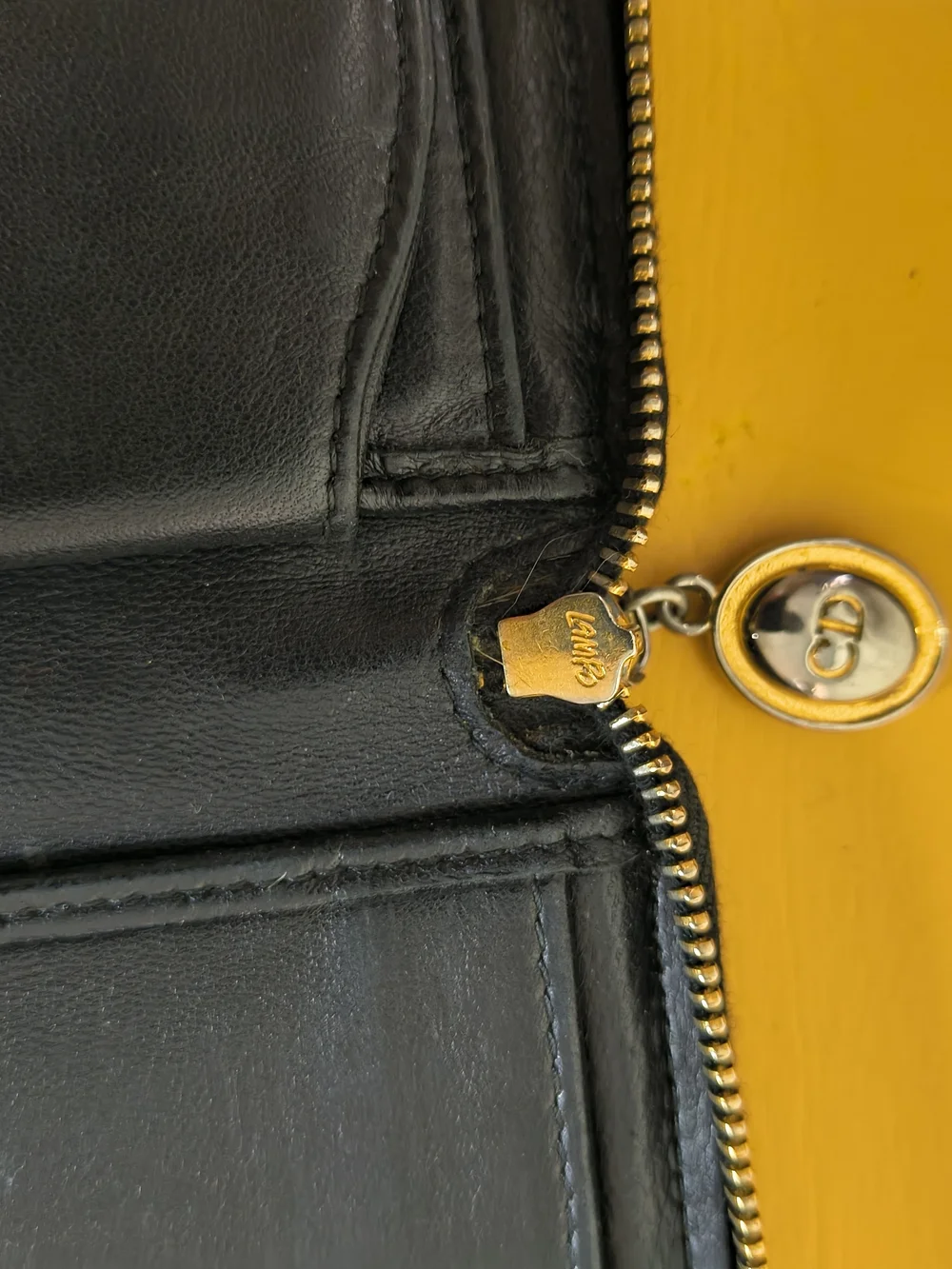 Christian Dior Cannage Black Leather Zip Around Wallet Organizer CD Red Monogram